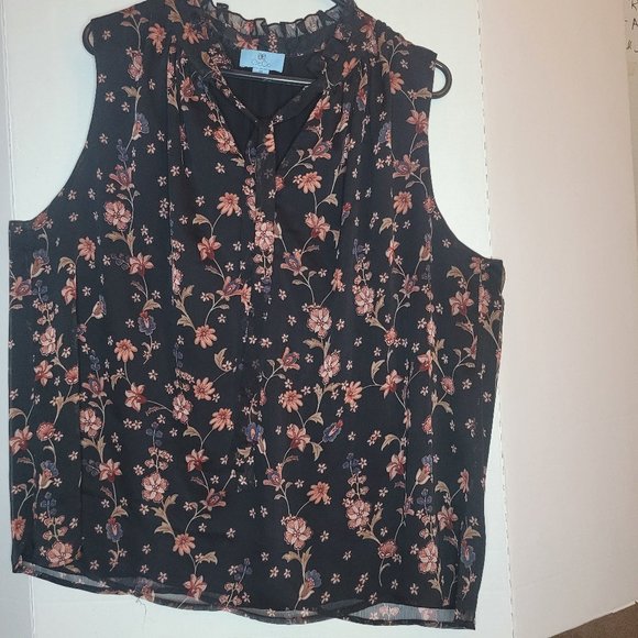 CeCe Women's Black Blouse with Pink Floral-Print Neck-Tie Sleeveless - Picture 2 of 4